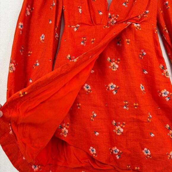 Free People Mini Dress Size 4 Orange Floral Belted Faux Wrap Balloon Sleeves - Picture 4 of 13